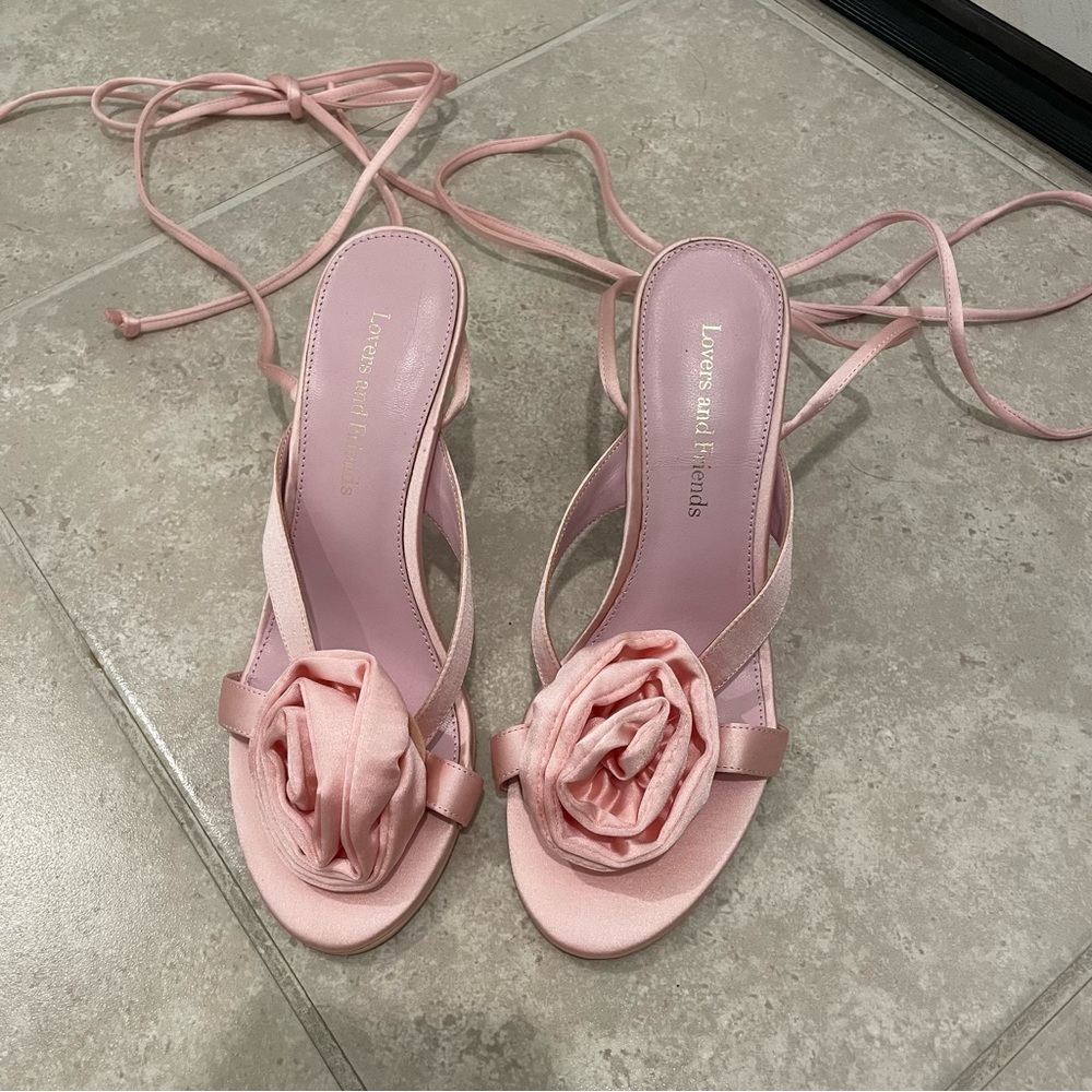 Lovers + Friends Blush Satin Rose Lace-Up Heels